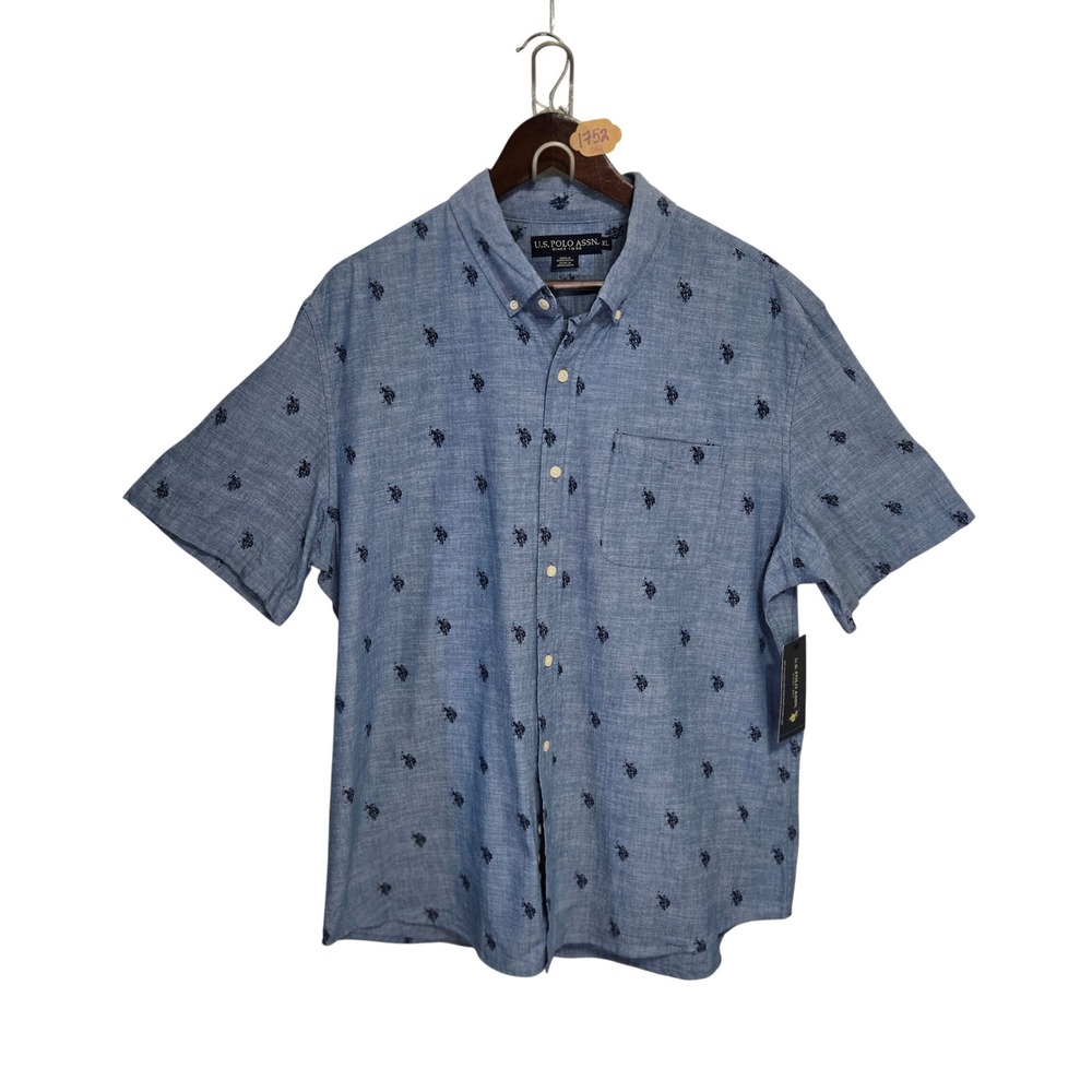 US Polo Assn Mens XL Short Sleeve Woven Shirt Pale Blue Pony Logo 11D139 NWT